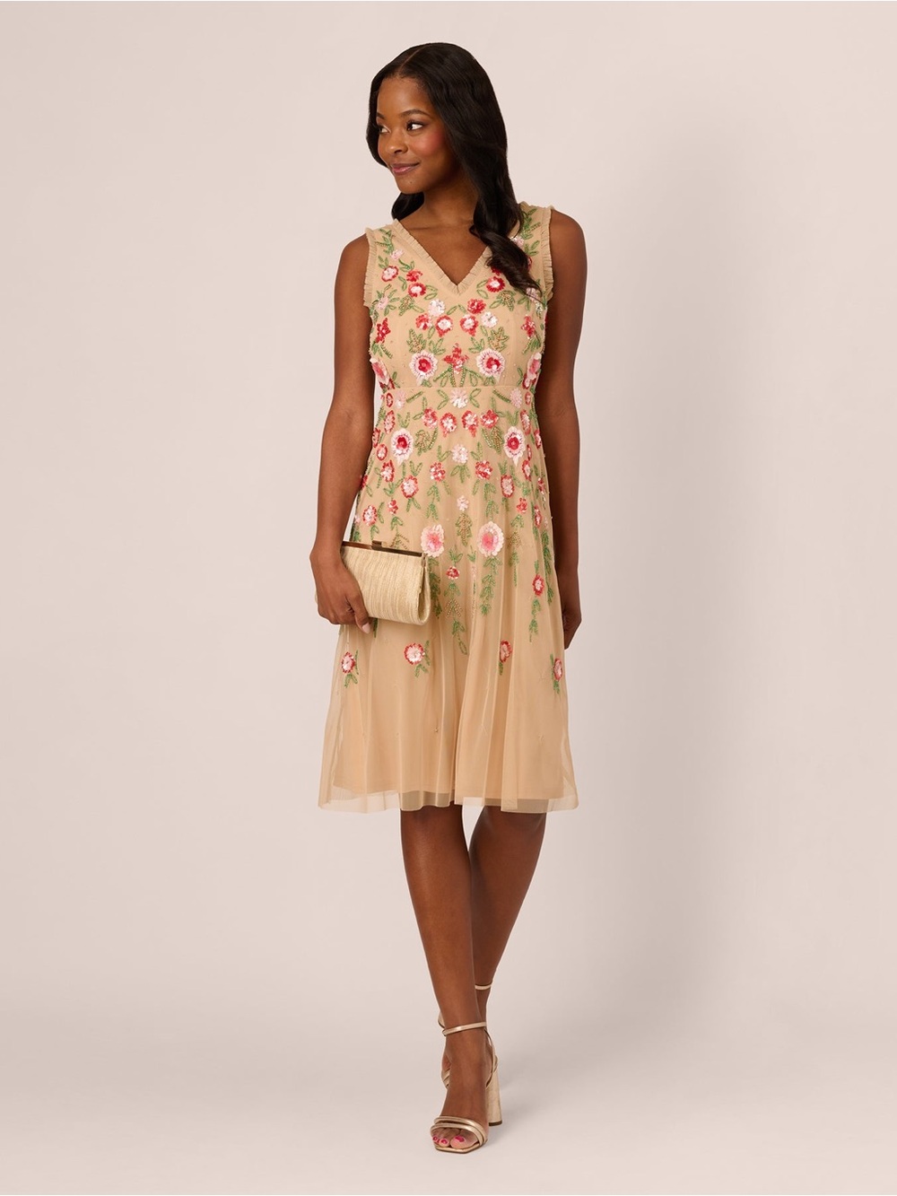 Adrianna Papell Nude Pink Floral Beaded Sequin Midi Dress SZ 8 NWT Cocktail MOB